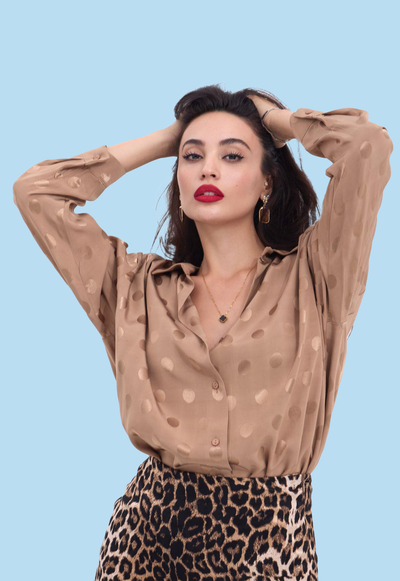 Long Sleeve Patterned Oversized Shirt Beige