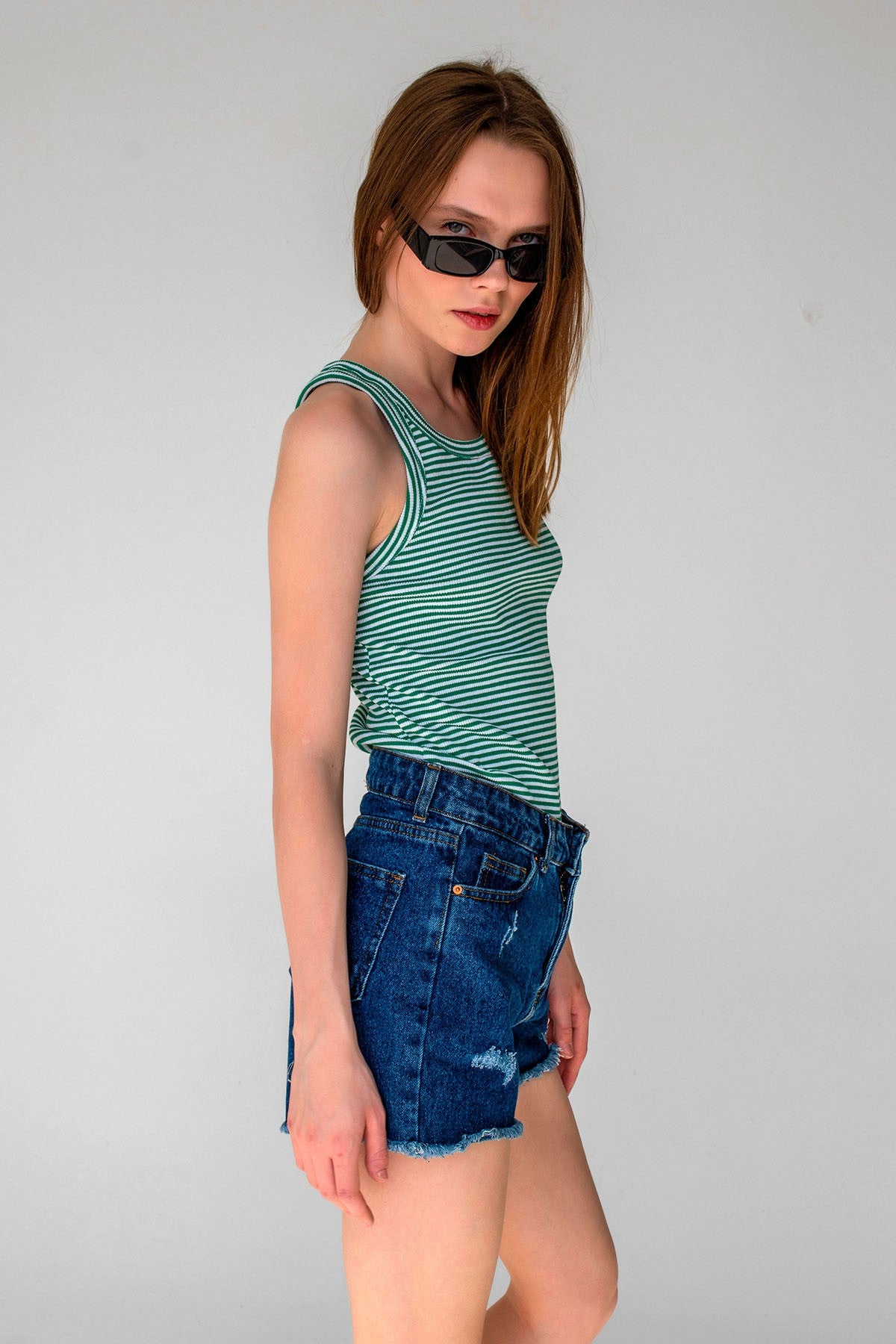 Striped Ribbed Halter Neck Tank Tops Green, White