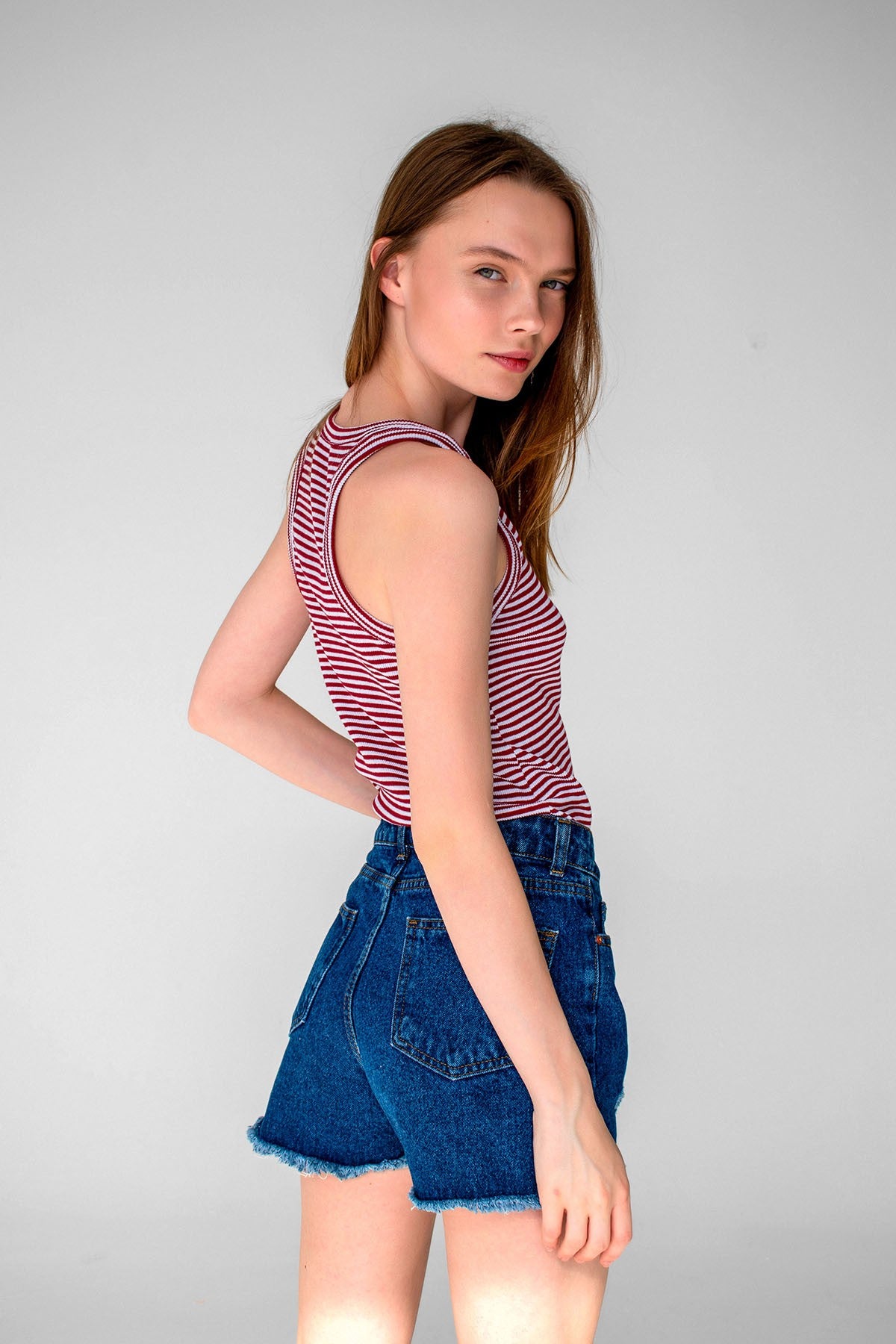 Striped Ribbed Halter Neck Tank Tops Red, White