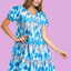 Tulip Pattern Blue Dress With Elastic Sleeves and Side Pockets