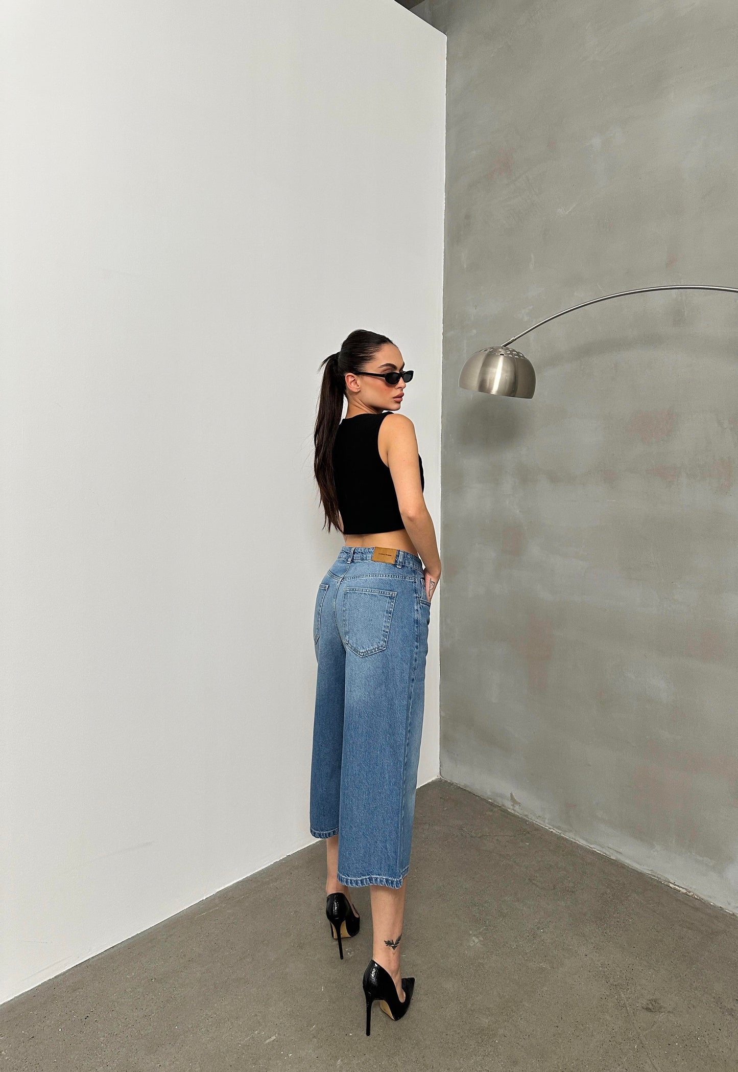 Baggy Pattern Bermuda Jeans Blue