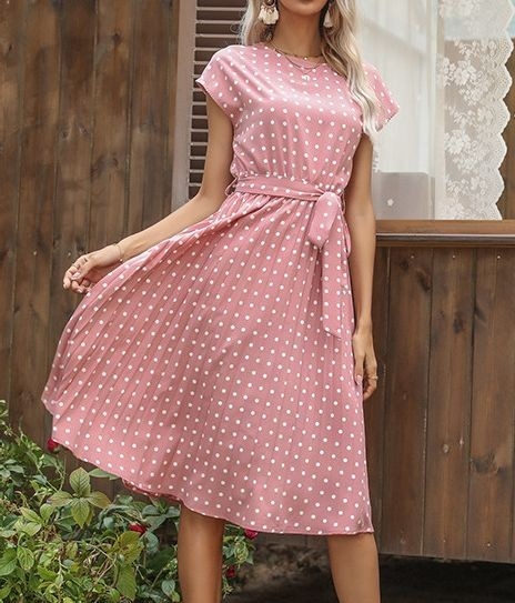 Sleeveless Belted Waist Polka Dot Sandy Dress Pink
