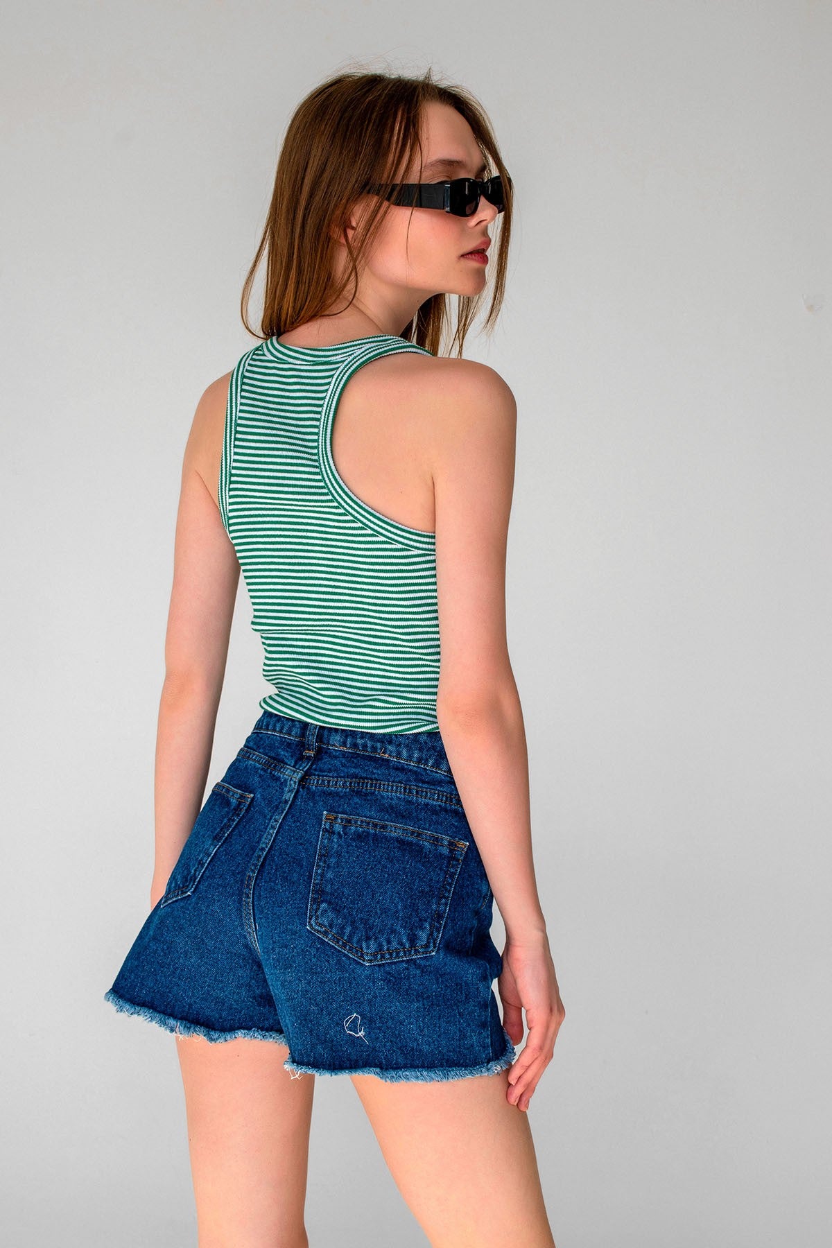 Striped Ribbed Halter Neck Tank Tops Green, White