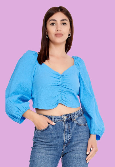 Long Sleeve Solid Color Regular Blouse Blue