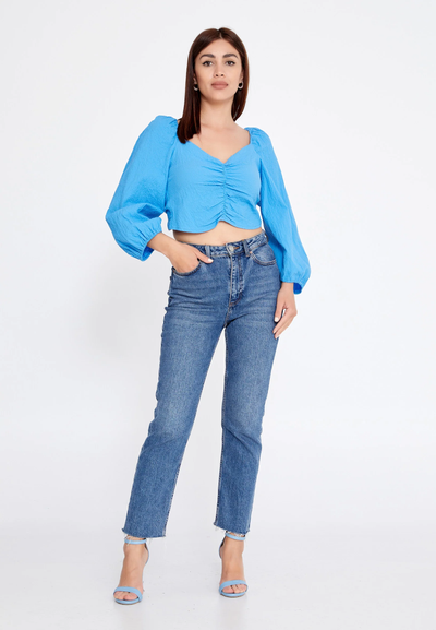 Long Sleeve Solid Color Regular Blouse Blue
