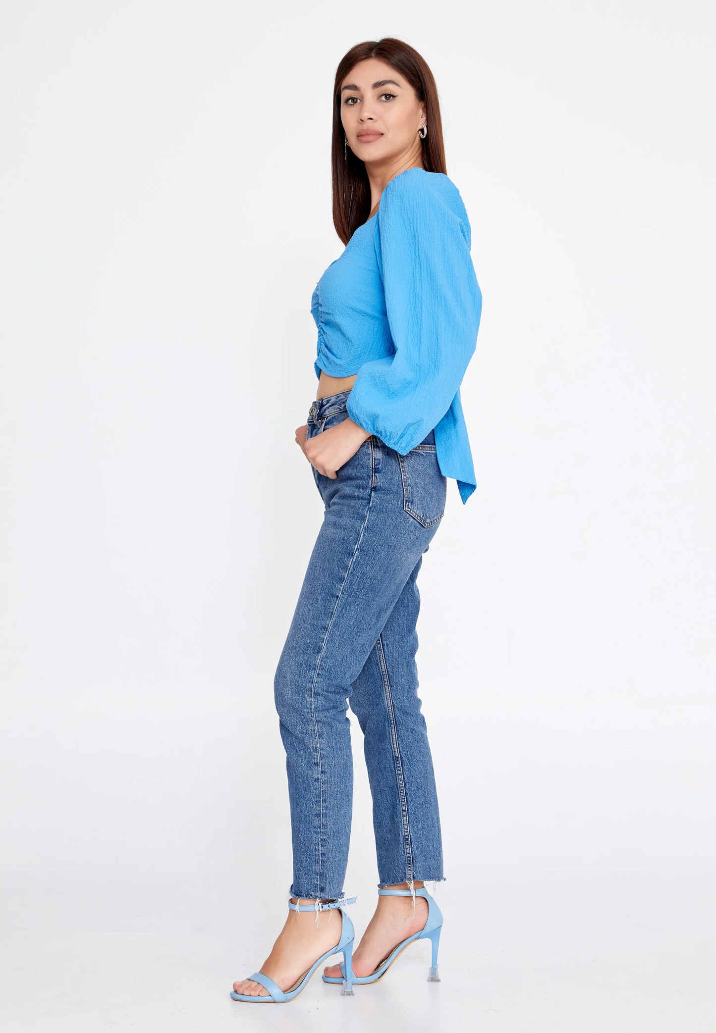 Long Sleeve Solid Color Regular Blouse Blue