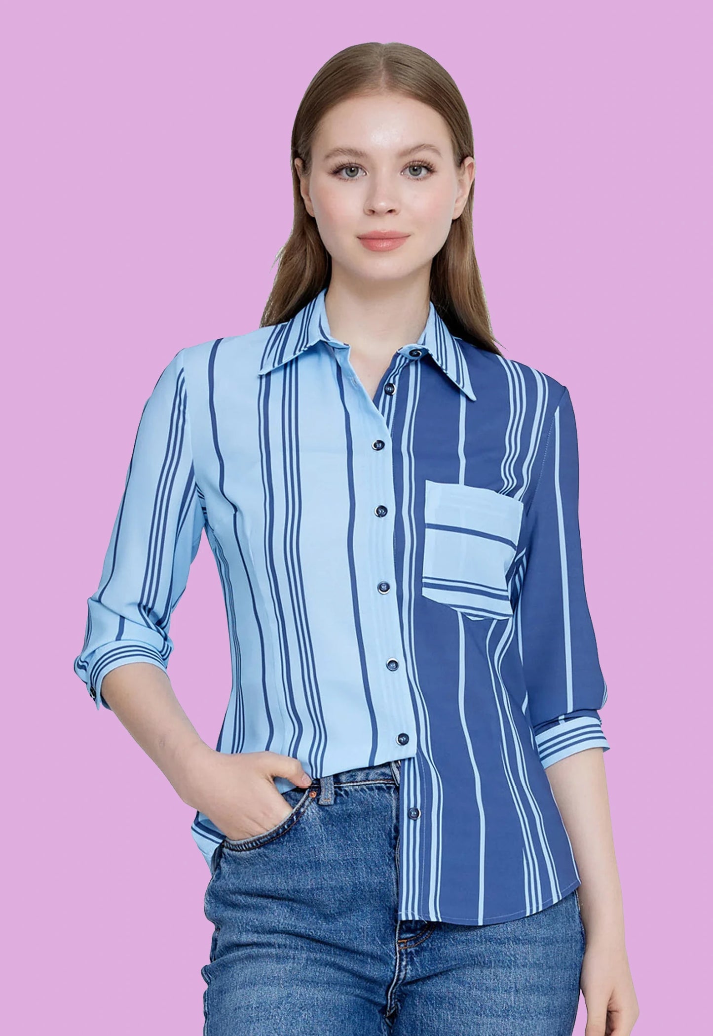 Mid-Length Striped Regular Shirt Blue