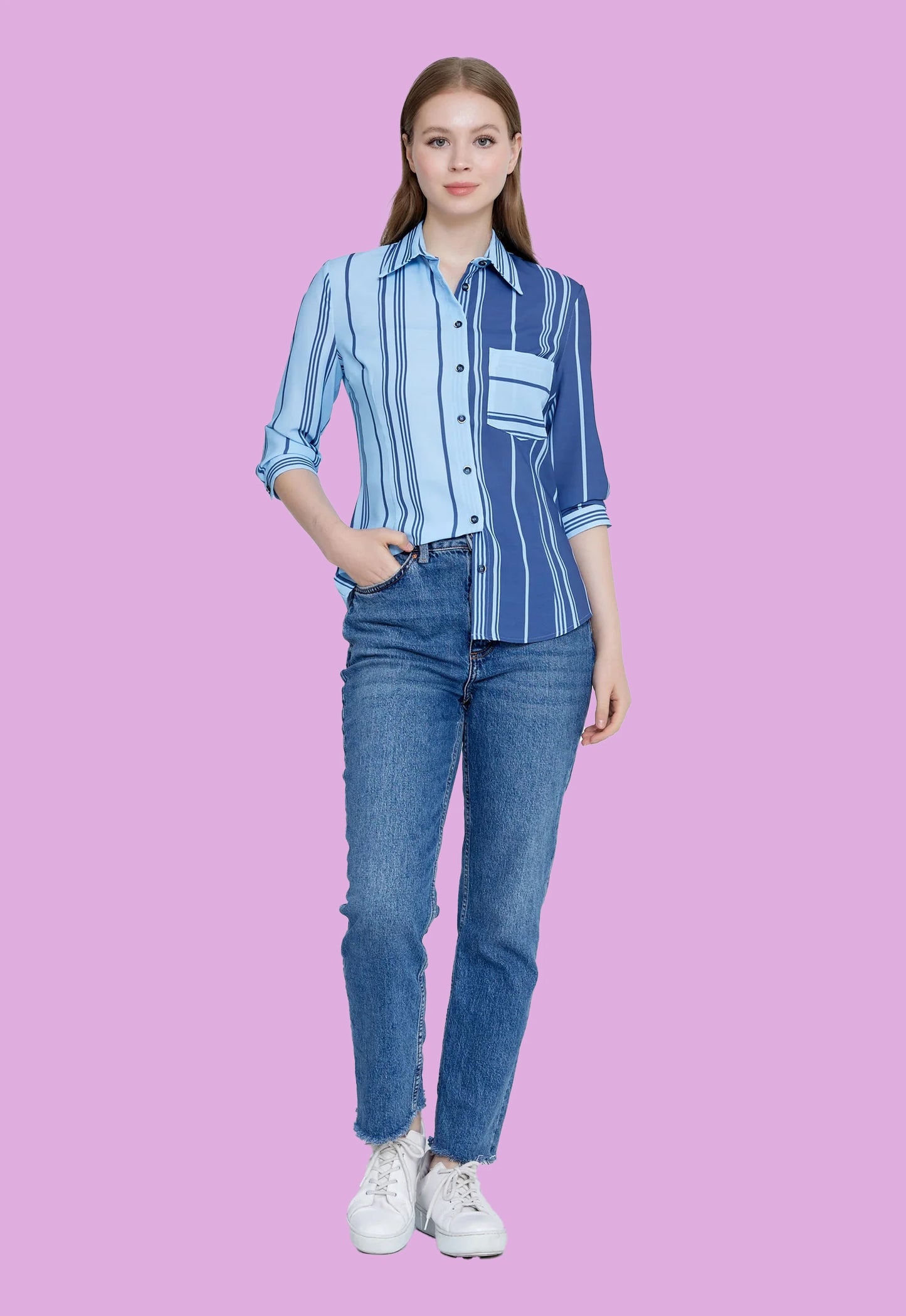 Mid-Length Striped Regular Shirt Blue