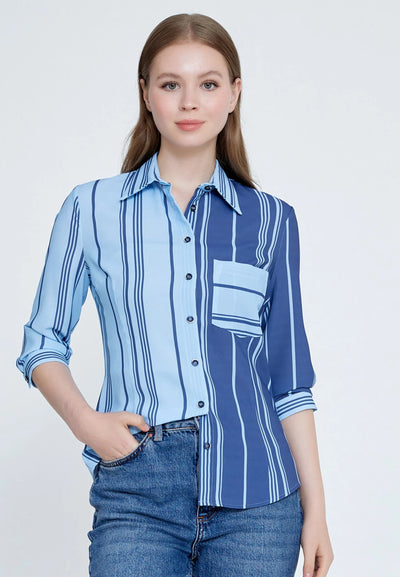 Mid-Length Striped Regular Shirt Blue