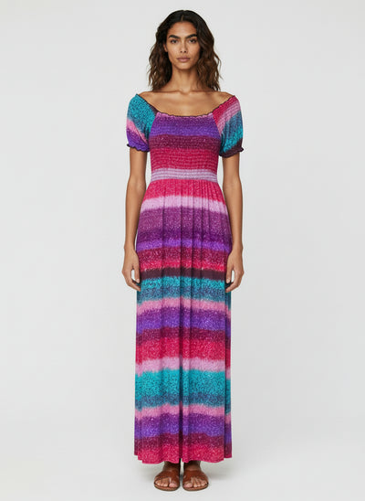Vibrant Ombre Stripe Off-Shoulder Maxi Dress