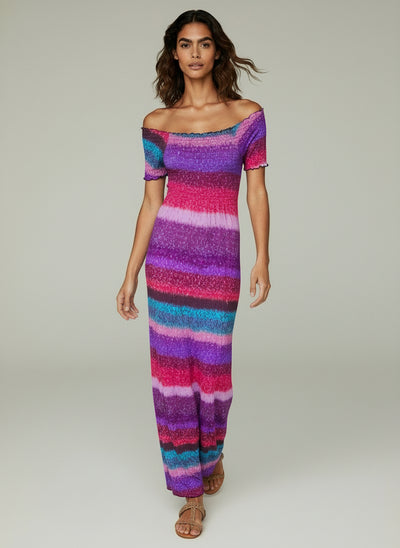 Vibrant Ombre Stripe Off-Shoulder Maxi Dress