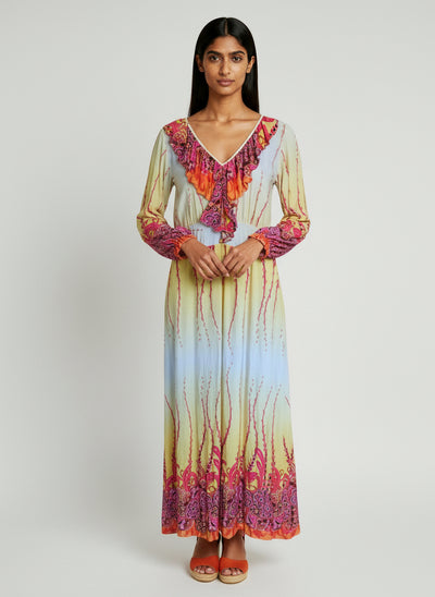 Bohemian Floral Ruffle V-Neck Maxi Dress