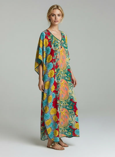 Floral Print V-Neck Kaftan Maxi Dress