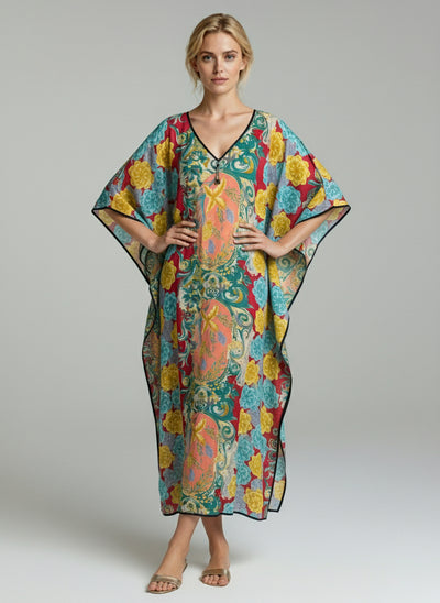 Floral Print V-Neck Kaftan Maxi Dress