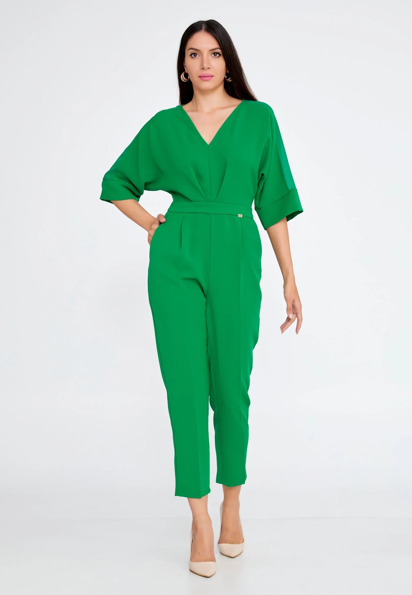 Mid-Length Solid Color Regular Fit Regular Casual Jumpsuit Green