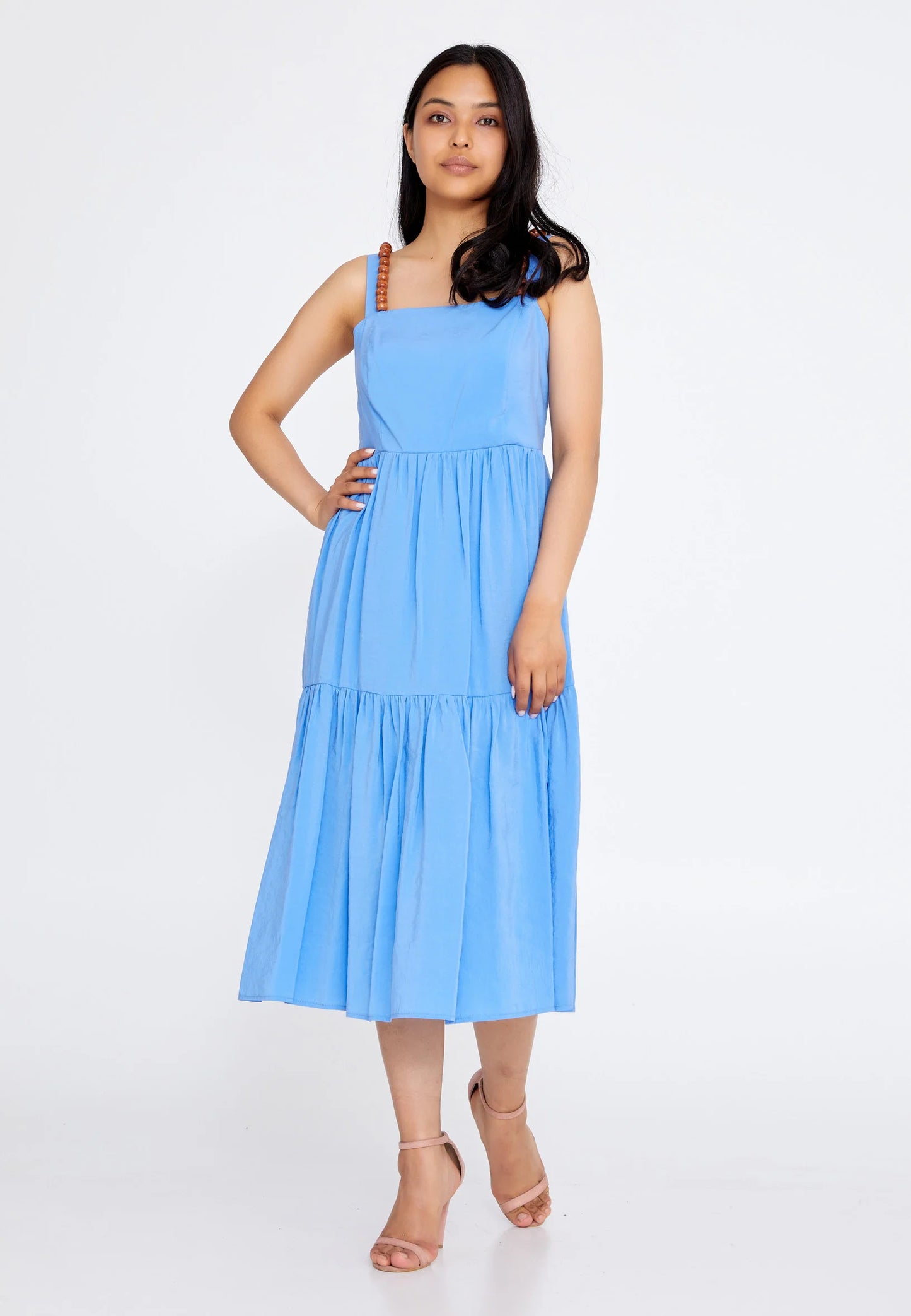 Sleeveless Midi Crepe Column Regular Casual Dress Blue