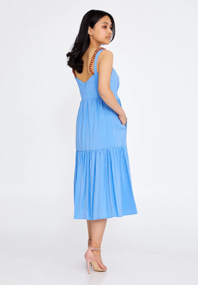 Sleeveless Midi Crepe Column Regular Casual Dress Blue