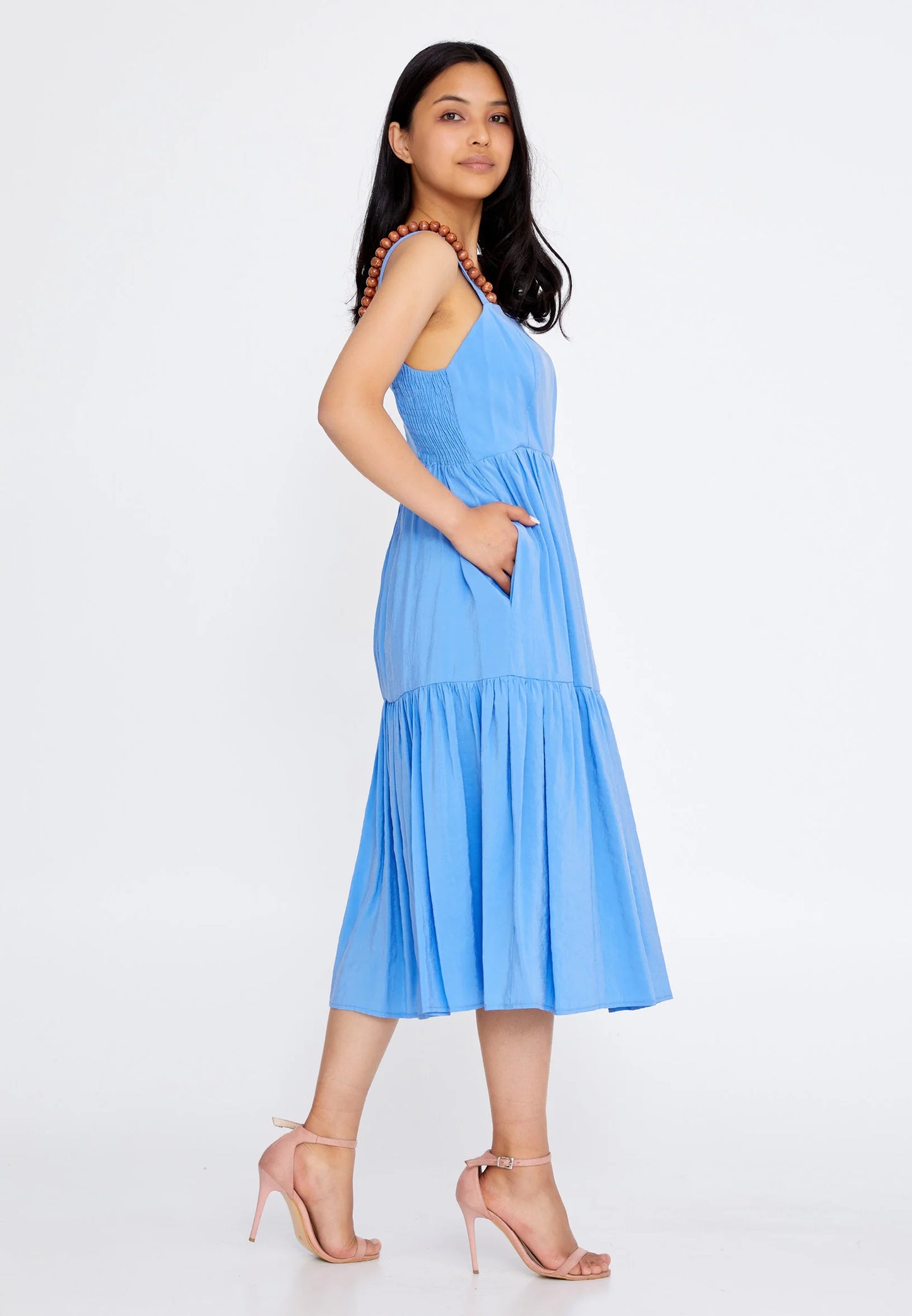 Sleeveless Midi Crepe Column Regular Casual Dress Blue